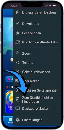 Android Browser Menü für die Plinko Webseite öffnen