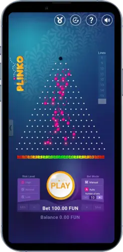 Plinko Kugelfall mit 100 FUN Einsatz und hoher Reihenanzahl auf dem Smartphone