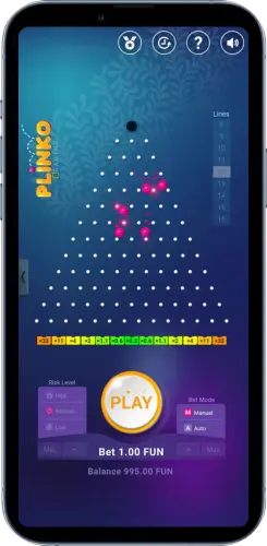 Plinko Runde mit 1 FUN Einsatz und mehreren Kugeln im oberen Spielfeld