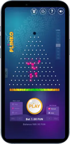 Plinko Kugeln in der Mitte des Bretts bei einem Einsatz von 1 FUN