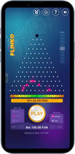 Plinko Gewinn von 60 FUN nach dem Kugelfall auf dem mobilen Spielbrett