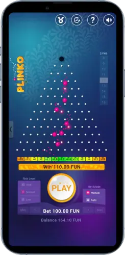 Plinko Gewinn von 110 FUN bei einem Einsatz von 100 FUN auf dem Smartphone