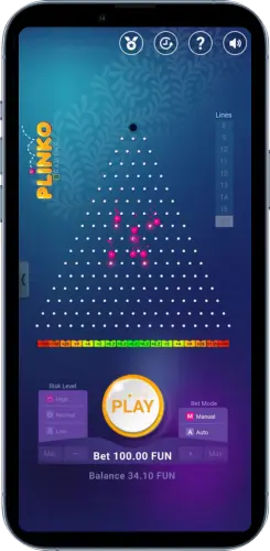 Plinko Runde mit 100 FUN Einsatz und Kugeln im unteren Bereich des Bretts